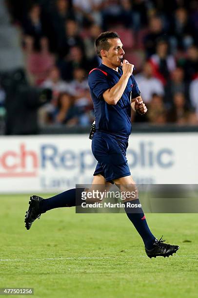 Referee Javier Estarda of Spain in action during the UEFA European Under-21 Group A match between Germany and Serbia at Letna Stadium on June 17,...