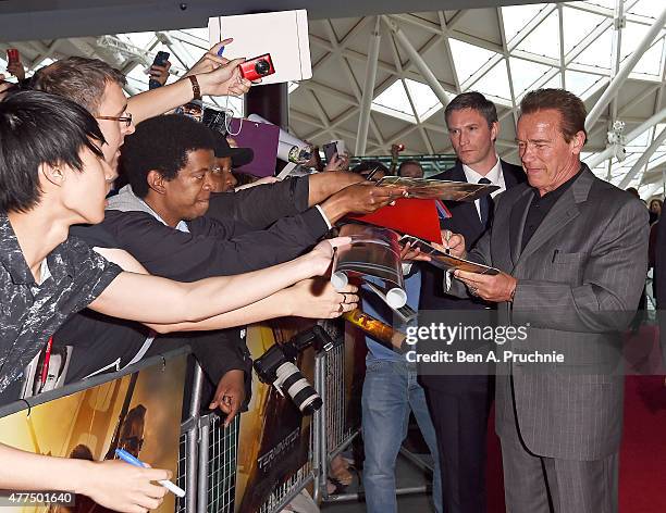 Arnold Schwarzenegger attends the Fan Footage Event of 'Terminator Genisys' at Vue Westfield on June 17, 2015 in London, England.