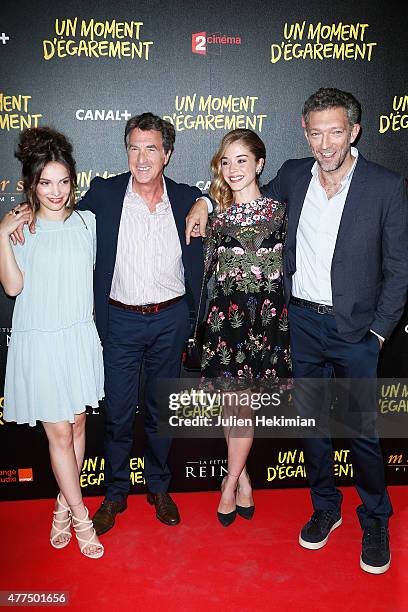 Lola Le Lann, Francois Cluzet, Alice Isaaz and Vincent Cassel attend Un Moment D'Egarement Premiere at Gaumont Capucines on June 17, 2015 in Paris,...