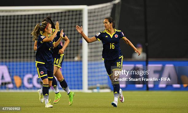 Lady Andrade of Colombia celebrates scoring her goal during the FIFA Womens's World Cup Group F match between England and Colombia at Olympic Stadium...