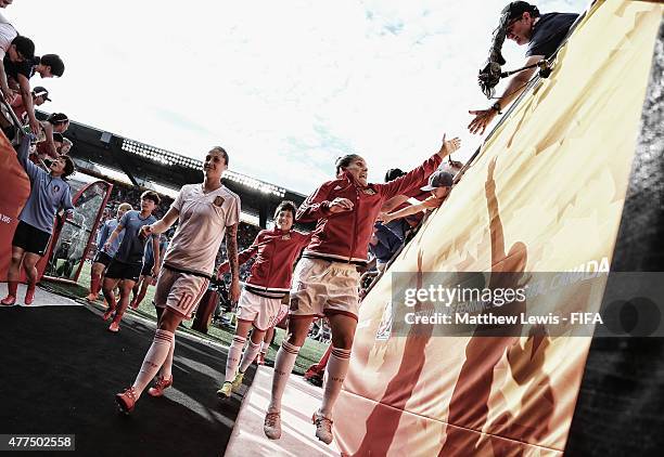 Melanie Serrano Perez of Spain 'High fives' the crowd after warm up during the FIFA Women's World Cup 2015 Group E match between Korea Republic and...