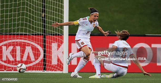 Veronica Boquete of Spain celebrates her goal with Virginia Torrecilla during the FIFA Women's World Cup 2015 Group E match between Korea Republic...