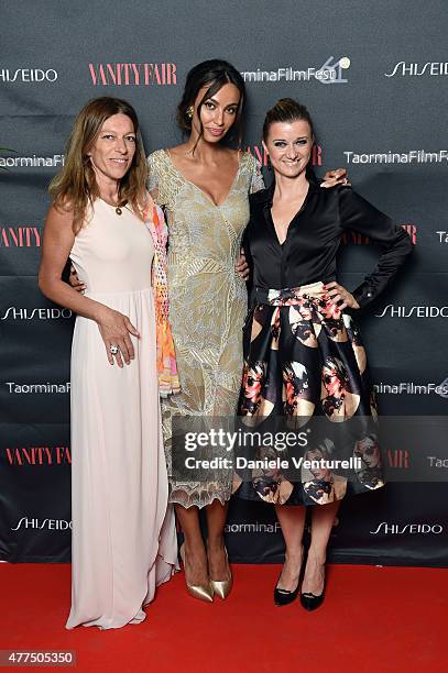 Cristina Pezzini, Madalina Ghenea and Grazia Zuccarini attend the Shiseido And Vanity Fair Gala Dinner - 61st Taormina Film Fest at Hotel San...