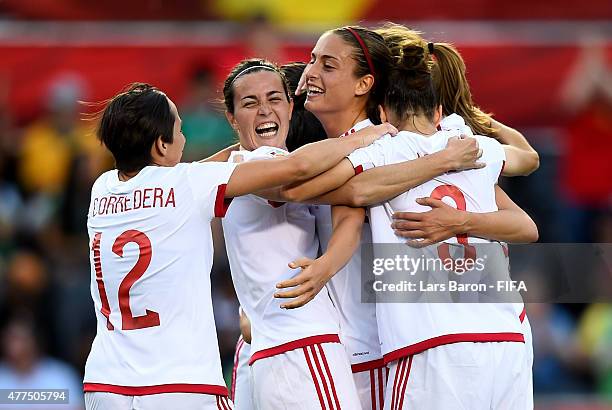 Veronica Boquete of Spain celebrates with team mates after scoring her teams first goal during the FIFA Women's World Cup 2015 Group E match between...