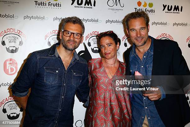 Actors Patrick Mimoun and Fabrice Deville with RP Esther Meyniel attends 'A Bas Les Blaireaux' : Press Cocktail At Galerie d'Art Wanted on June 17,...