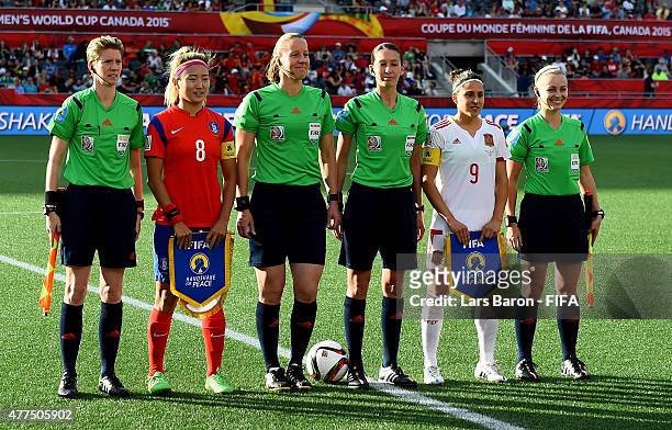 Sohyun Cho of Korea and Veronica Boquete of Spain pose for a picture during the FIFA Women's World Cup 2015 Group E match between Korea Republic and...