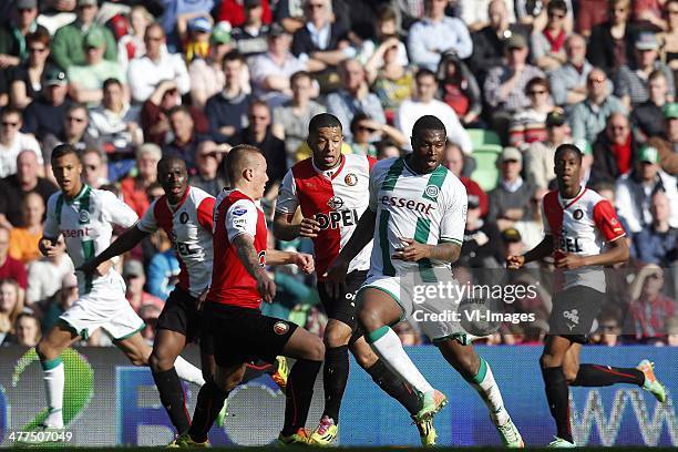 Tonny Vilhena of Feyenoord , Genero Zeefuik of FC Groningen during the Dutch Eredivisie match between FC Groningen and Feyenoord Rotterdam at...