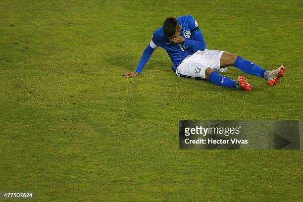 Neymar of Brazil lies injuried during the 2015 Copa America Chile Group C match between Brazil and Colombia at Monumental David Arellano Stadium on...