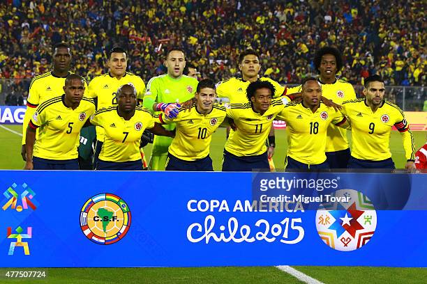 Players of Colombia pose for a team photo prior the 2015 Copa America Chile Group C match between Brazil and Colombia at Monumental David Arellano...