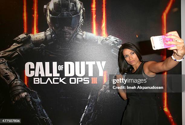 Actress Rosario Dawson visits Activision's Call of Duty: Black Ops 3 booth during E3 2015 at Los Angeles Convention Center on June 17, 2015 in Los...