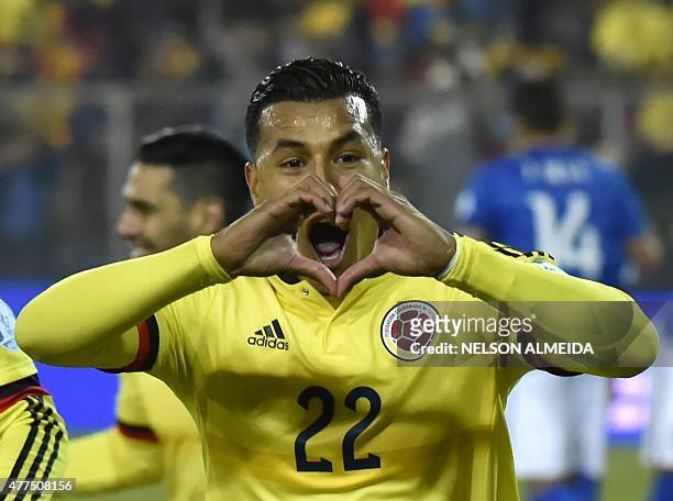 Colombia's defender Jeison Murillo celebrates after scoring against Brazil during their Copa America football match, at the Estadio Monumental David...