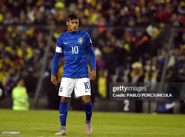 Brazil's forward Neymar is seen after receiving a yellow card during their 2015 Copa America football championship match, in Santiago, Chile, on June...