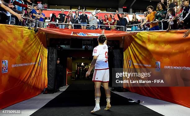 Veronica Boquete of Spain throws her shoes to the fans after loosing the FIFA Women's World Cup 2015 Group E match between Korea Republic and Spain...