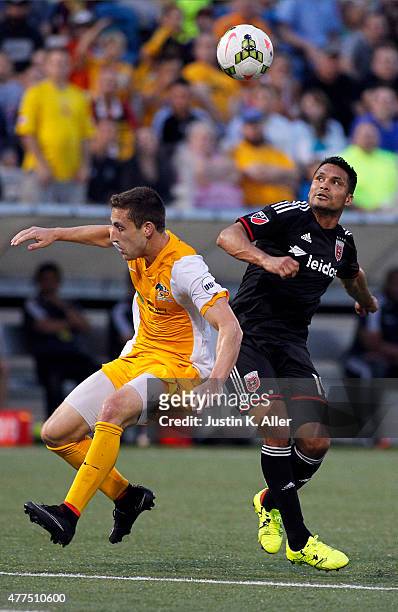 Jairo Arrieta of D.C. United battles for a ball against Anthony Arena of the Pittsburgh Riverhounds in the second half during the 2015 U.S. Open Cup...