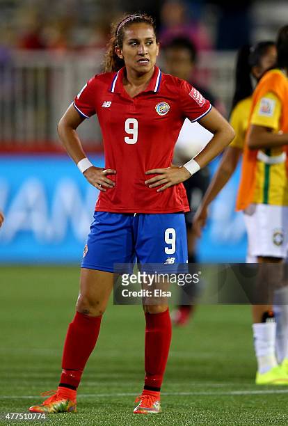 Carolina Venegas of Costa Rica reacts to the loss after the match against Brazil during the FIFA Women's World Cup 2015 Group E match at Moncton...