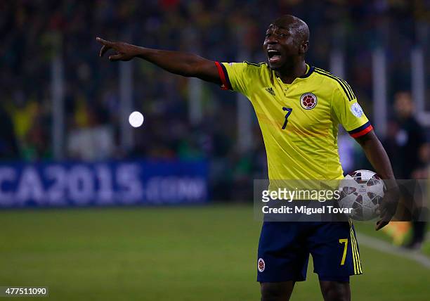 Pablo Armero of Colombia reacts during the 2015 Copa America Chile Group C match between Brazil and Colombia at Monumental David Arellano Stadium on...