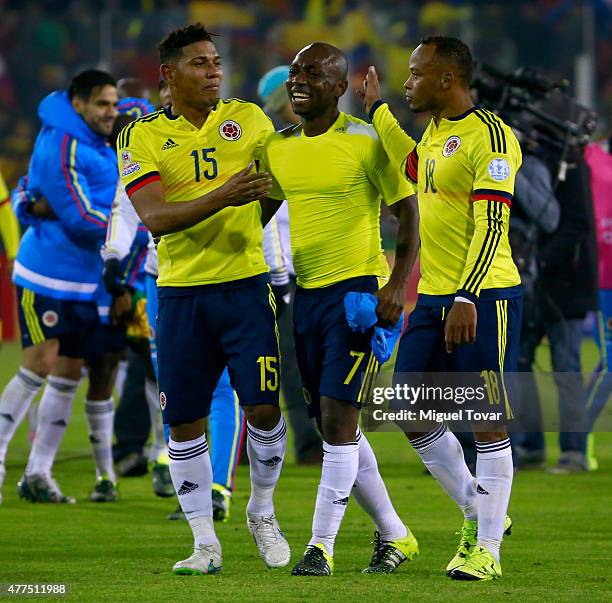 Alexander Mejia, Pablo Armero and Camilo Zuniga of Colombia celebrate after the 2015 Copa America Chile Group C match between Brazil and Colombia at...