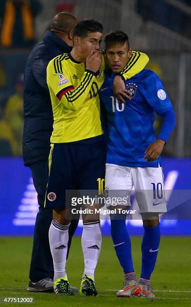 James Rodriguez of Colombia talks with Neymar of Brazil after the 2015 Copa America Chile Group C match between Brazil and Colombia at Monumental...