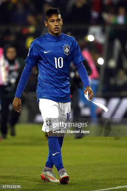 Neymar of Brazil looks on the 2015 Copa America Chile Group C match between Brazil and Colombia at Monumental David Arellano Stadium on June 17, 2015...