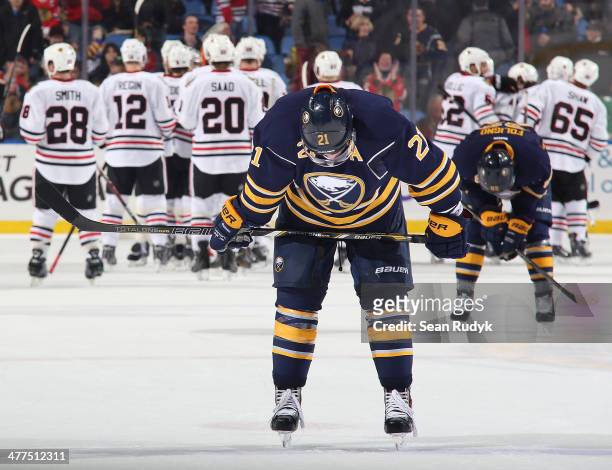 Drew Stafford of the Buffalo Sabres reflects on the Sabres 2-1 loss against the the Chicago Blackhawks at First Niagara Center on March 9, 2014 in...