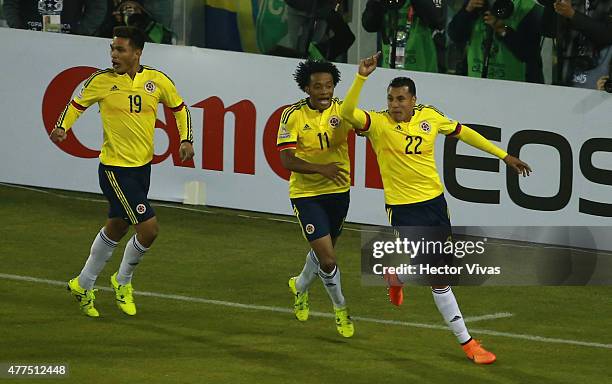 Jeison Murillo of Colombia celebrates after scoring the opening goal during the 2015 Copa America Chile Group C match between Brazil and Colombia at...