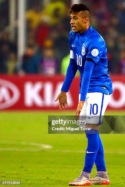 Neymar of Brazil reacts during the 2015 Copa America Chile Group C match between Brazil and Colombia at Monumental David Arellano Stadium on June 17,...