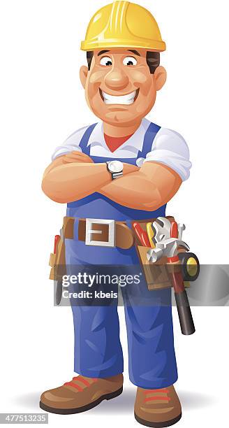 illustrations, cliparts, dessins animés et icônes de construction travailleur confiant - ceinturon porte outils