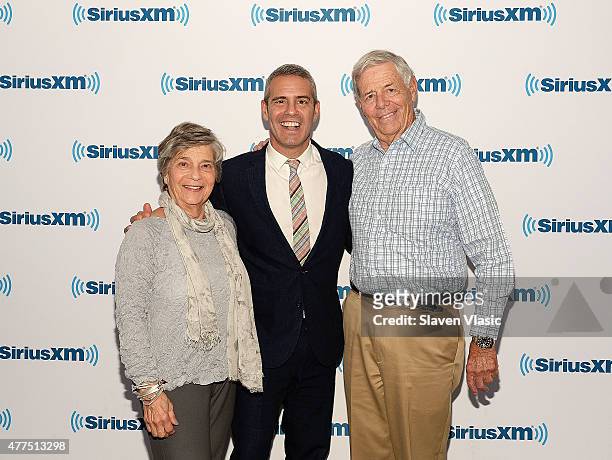 Personality/author Andy Cohen vith parents Evelyn and Lou Cohen visit SiriusXM Studios on June 17, 2015 in New York City.