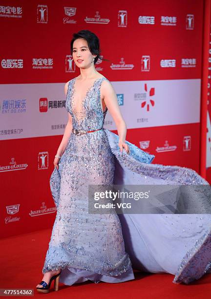 Actress Liu Yifei arrives at the red carpet of I-SIFF Gala Night during the 18th Shanghai International Film Festival at Shanghai Convention and...