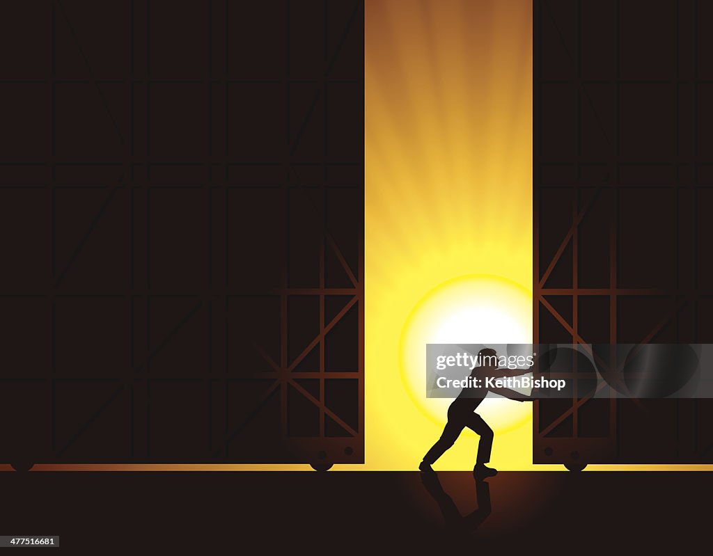 Open for Business, Warehouse Doors at Sunrise Background