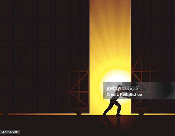 open for business, warehouse doors at sunrise background - opening event stock illustrations