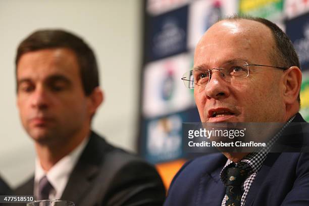 Outgoing Melbourne Storm CEO Mark Evans speaks to the media after announcing Dave Donaghy as the new CEO speaks to the media during a Melbourne Storm...