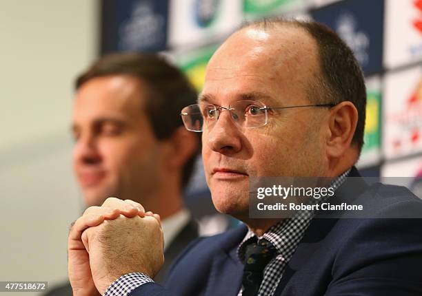 Outgoing Melbourne Storm CEO Mark Evans speaks to the media after announcing Dave Donaghy as the new CEO speaks to the media during a Melbourne Storm...