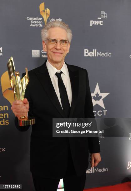 David Cronenberg, winner of the Lifetime Achievement in Direction award poses in the press room at the 2014 Canadian Screen Awards at Sony Centre for...
