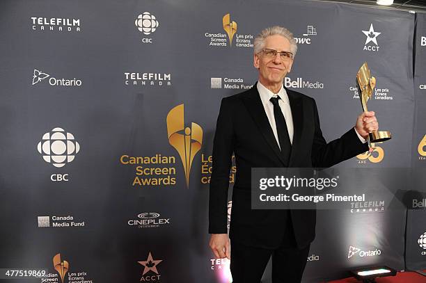 David Cronenberg, winner of the Lifetime Achievement in Direction award poses in the press room at the 2014 Canadian Screen Awards at Sony Centre for...