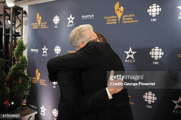 David Cronenberg and Viggo Mortensen hug in the press room at the 2014 Canadian Screen Awards at Sony Centre for the Performing Arts on March 9, 2014...