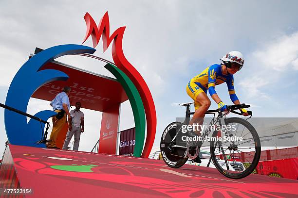 Ganna Solovei of Ukraine competes in the Women's Road cycling Individual Time Trial during day six of the Baku 2015 European Games at Bilgah Beach on...