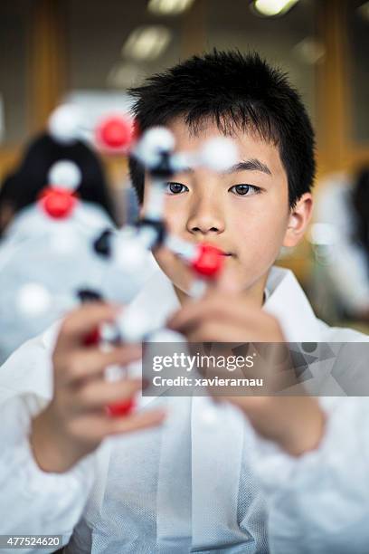 japanese student holding a molecular model - children in a lab stock pictures, royalty-free photos & images