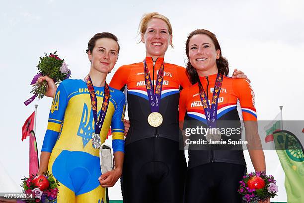 Silver medalist Ganna Solovei of Ukraine, gold medalist Ellen Van Dijk of The Netherlands and bronze medalist Annemiek van Vleuten of Netherlands...