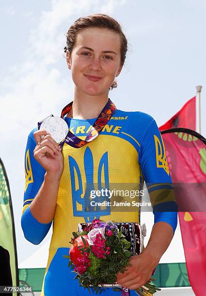Silver medalist Ganna Solovei of Ukraine poses with the medal won in the Women's Road cycling Individual Time Trial during day six of the Baku 2015...