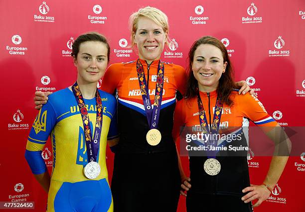 Silver medalist Ganna Solovei of Ukraine, gold medalist Ellen Van Dijk of The Netherlands and bronze medalist Annemiek van Vleuten of Netherlands...