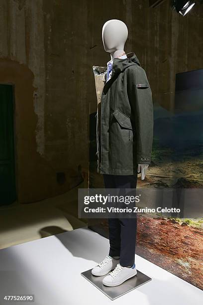 Designs by Peuterey are displayed at the Peuterey presentation and cocktail party during 88 Pitti Imamgine Uomo at Palazzo Corsini on June 17, 2015...