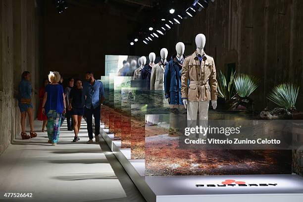 Designs by Peuterey are displayed at the Peuterey presentation and cocktail party during 88 Pitti Imamgine Uomo at Palazzo Corsini on June 17, 2015...