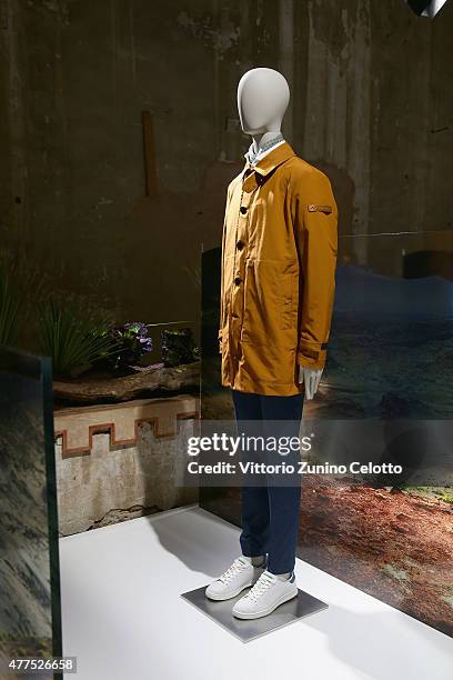 Designs by Peuterey are displayed at the Peuterey presentation and cocktail party during 88 Pitti Imamgine Uomo at Palazzo Corsini on June 17, 2015...