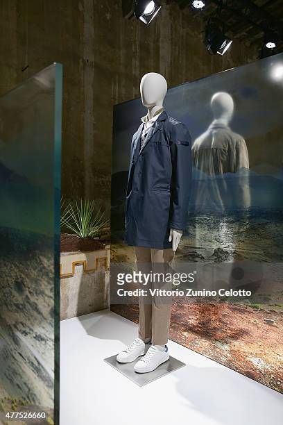 Designs by Peuterey are displayed at the Peuterey presentation and cocktail party during 88 Pitti Imamgine Uomo at Palazzo Corsini on June 17, 2015...