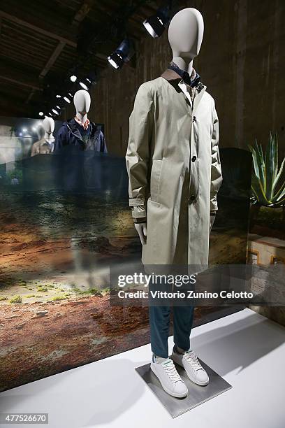 Designs by Peuterey are displayed at the Peuterey presentation and cocktail party during 88 Pitti Imamgine Uomo at Palazzo Corsini on June 17, 2015...