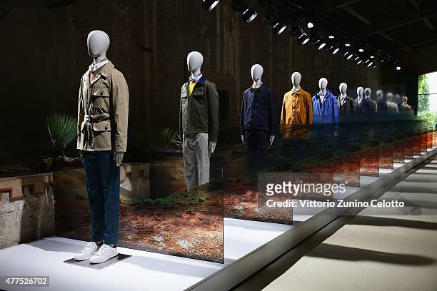 Designs by Peuterey are displayed at the Peuterey presentation and cocktail party during 88 Pitti Imamgine Uomo at Palazzo Corsini on June 17, 2015...