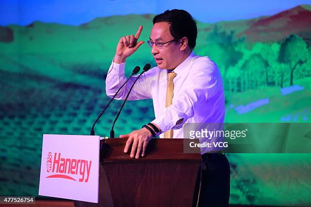 Li Hejun, Chairman of Hanergy Holding Group, speaks during a news conference at Hanergy Headquarters on June 17, 2015 in Beijing, China. Li Hejun...