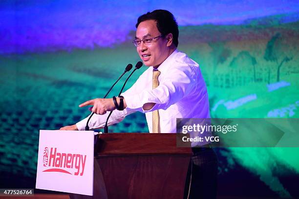 Li Hejun, Chairman of Hanergy Holding Group, speaks during a news conference at Hanergy Headquarters on June 17, 2015 in Beijing, China. Li Hejun...