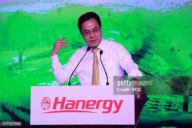 Li Hejun, Chairman of Hanergy Holding Group, speaks during a news conference at Hanergy Headquarters on June 17, 2015 in Beijing, China. Li Hejun...
